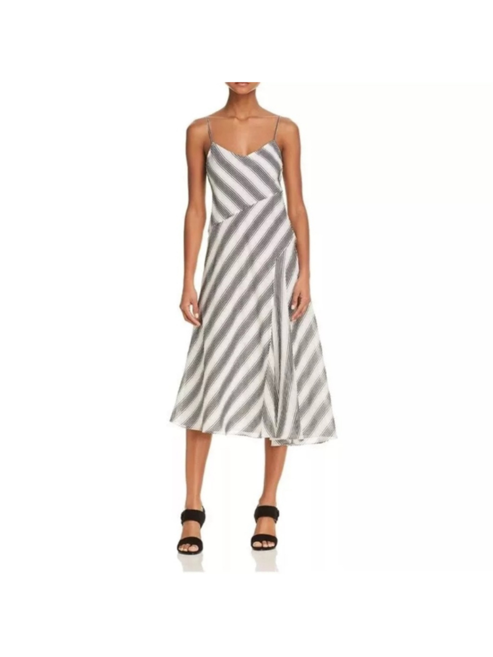 Theory Women's Athens A Line Asymmetrical Elegant Striped Black and Ivory Dress-